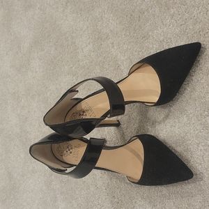 Vince Camuto Suede + Patten Leather black stiletto heels, with velcro strap. 8.5